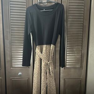 Black Top with Beige Leopard Print Skirt Tie-Waist Dress